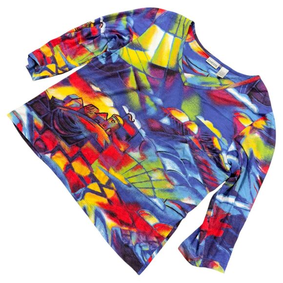 Chico's Top Women's XL Multicolor All-Over Print City V-Neck Stretch Long Sleeve - Picture 2 of 6